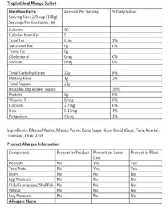 Tropical Mango Sorbet Nutrition