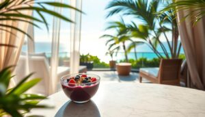 Premium acai bowl in luxury resort setting